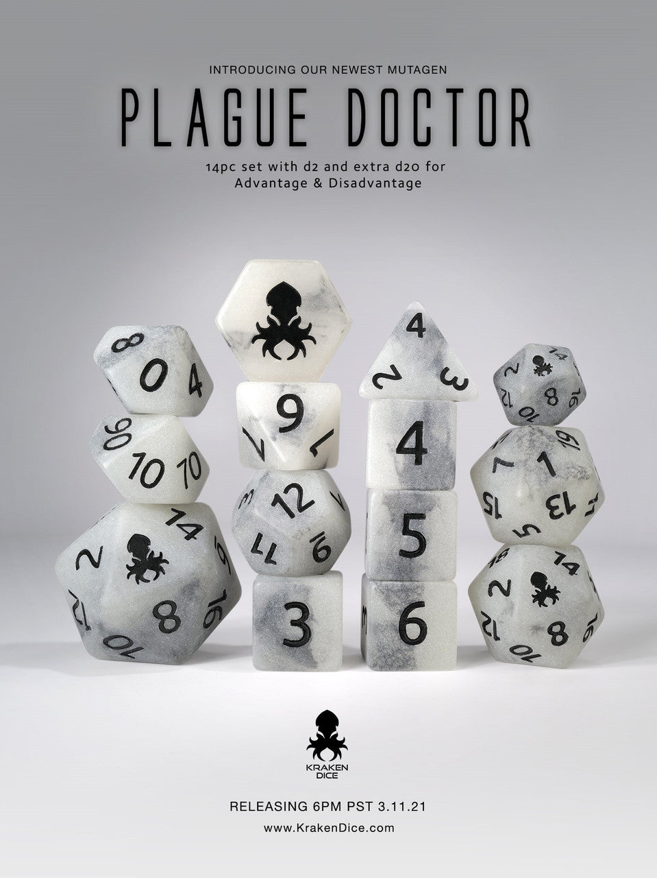 Plague Doctor 14pc Glow in the Dark Dice Set Inked in Black